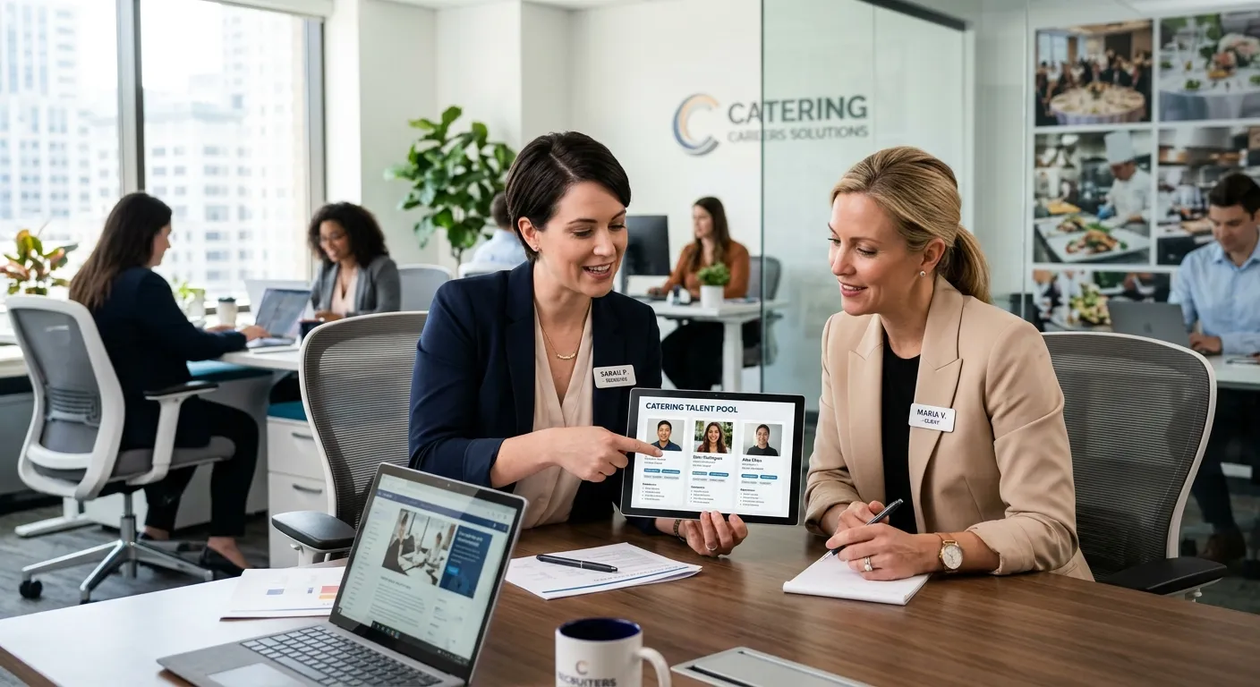 A professional catering recruiter in a modern office, reviewing candidate profiles with a client on a tablet, showcasing collaboration and expertise. Style: Bright, professional, and focused.