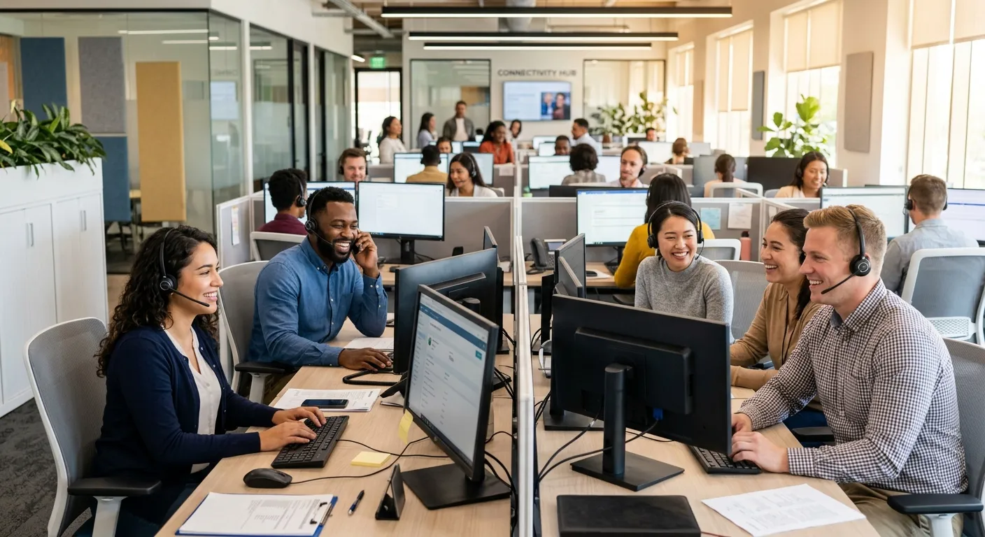 A professional, diverse team of call centre agents wearing headsets, smiling and working collaboratively in a modern, bright contact centre. Style: Professional corporate photography, high-energy, well-lit.