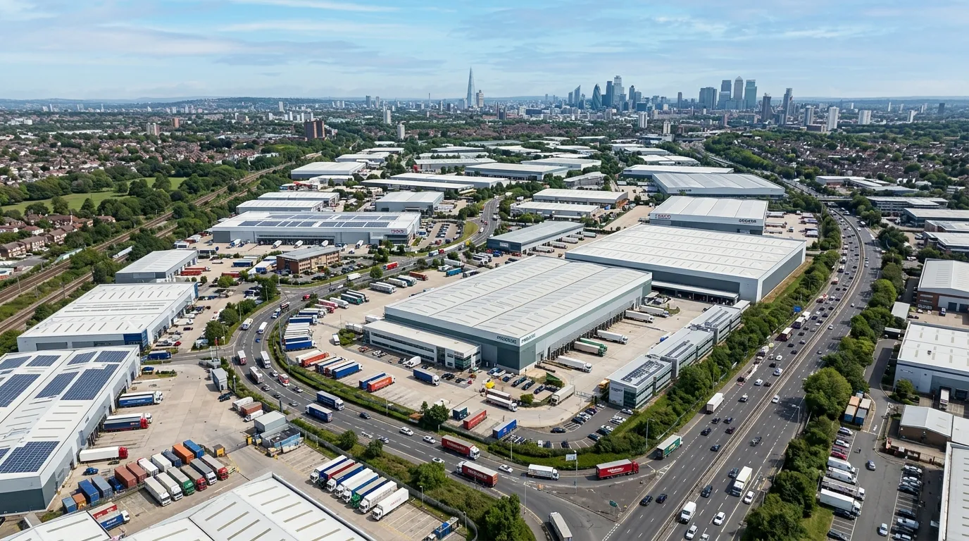 A wide-angle aerial photo of the Croydon Purley Way industrial estate, showing multiple large warehouse distribution centres with HGVs entering and exiting, set against the backdrop of the London skyline in the distance.