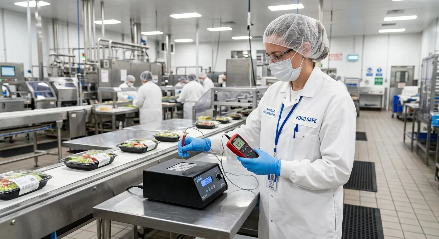 A Quality Control Inspector in protective clothing calibrating a digital thermometer on a bright, clean food production line in an industrial kitchen