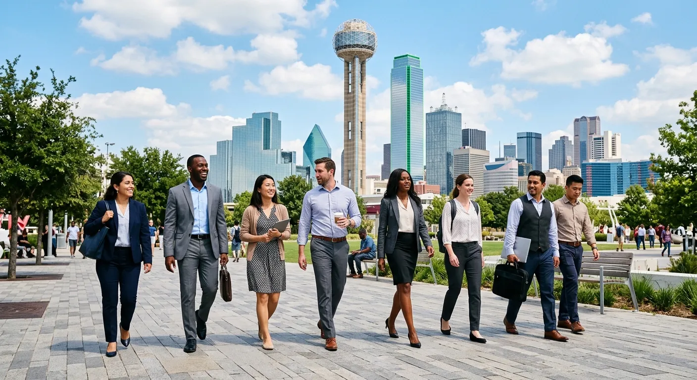 A modern, vibrant skyline view of Dallas Fort Worth, Texas, with a diverse group of professional workers in business casual attire walking confidently across a plaza in front of iconic buildings like Reunion Tower. Style is professional, optimistic, and dynamic, with a bright, clear day.