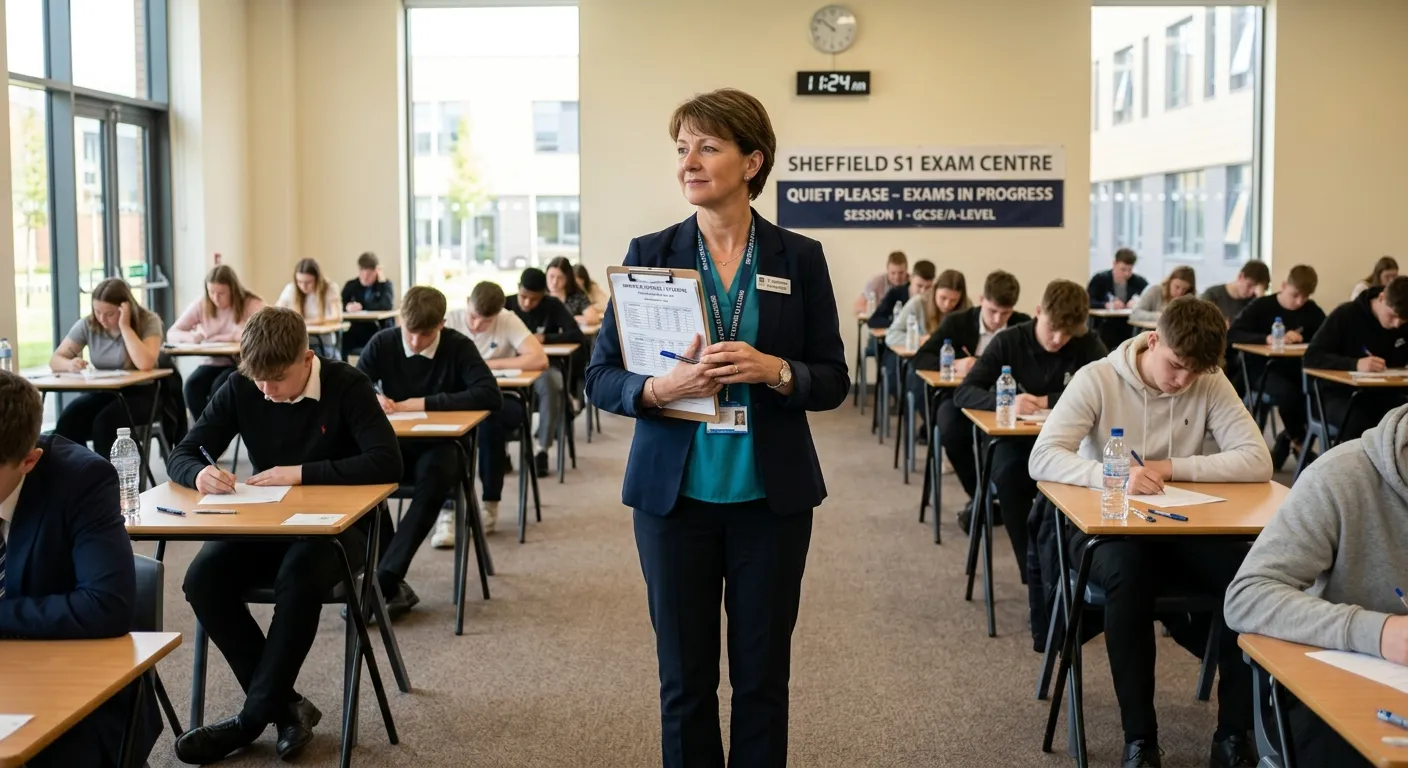 A professional, confident Exam Invigilator in a Sheffield S1 school or college setting, standing in a bright exam hall, holding a clipboard. The mood is calm, authoritative, and trustworthy.