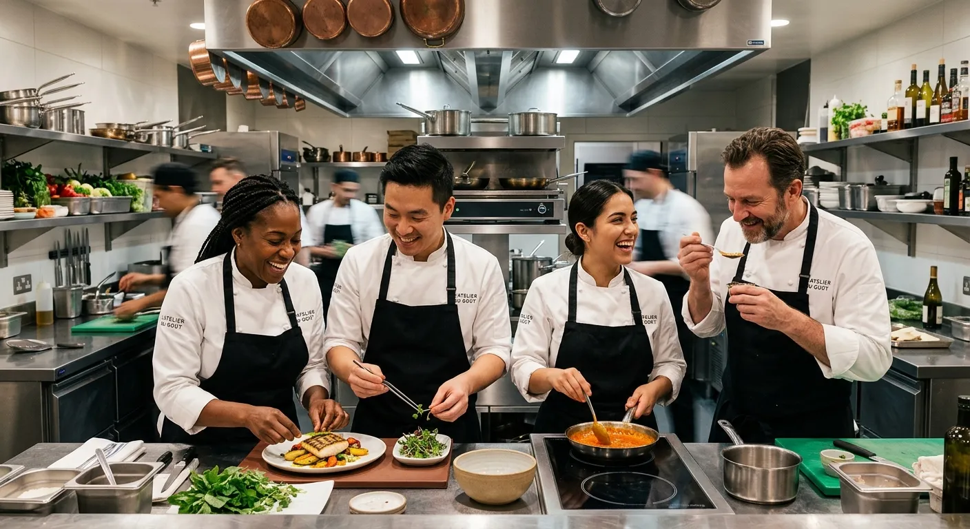 A diverse group of professional chefs in crisp uniforms, smiling and collaborating in a modern, high... A diverse group of professional chefs in crisp uniforms, smiling and collaborating in a modern, high-end kitchen with stainless steel equipment. The mood is energetic, professional, and skilled.