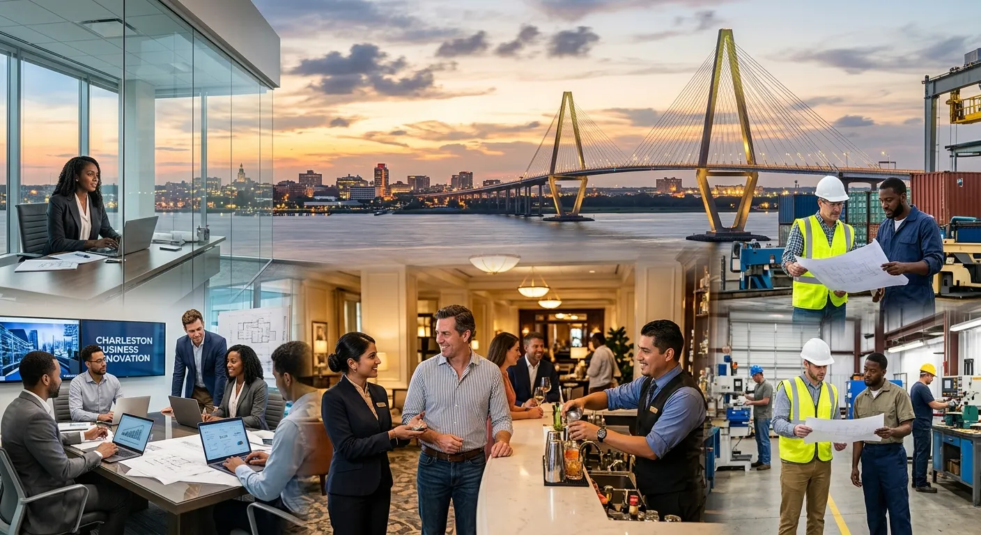A dynamic, professional photo of the Charleston skyline (Ravenel Bridge visible) blending with diver... A dynamic, professional photo of the Charleston skyline (Ravenel Bridge visible) blending with diverse professionals working in office, hospitality, and light industrial settings. Modern, bright, and aspirational style.