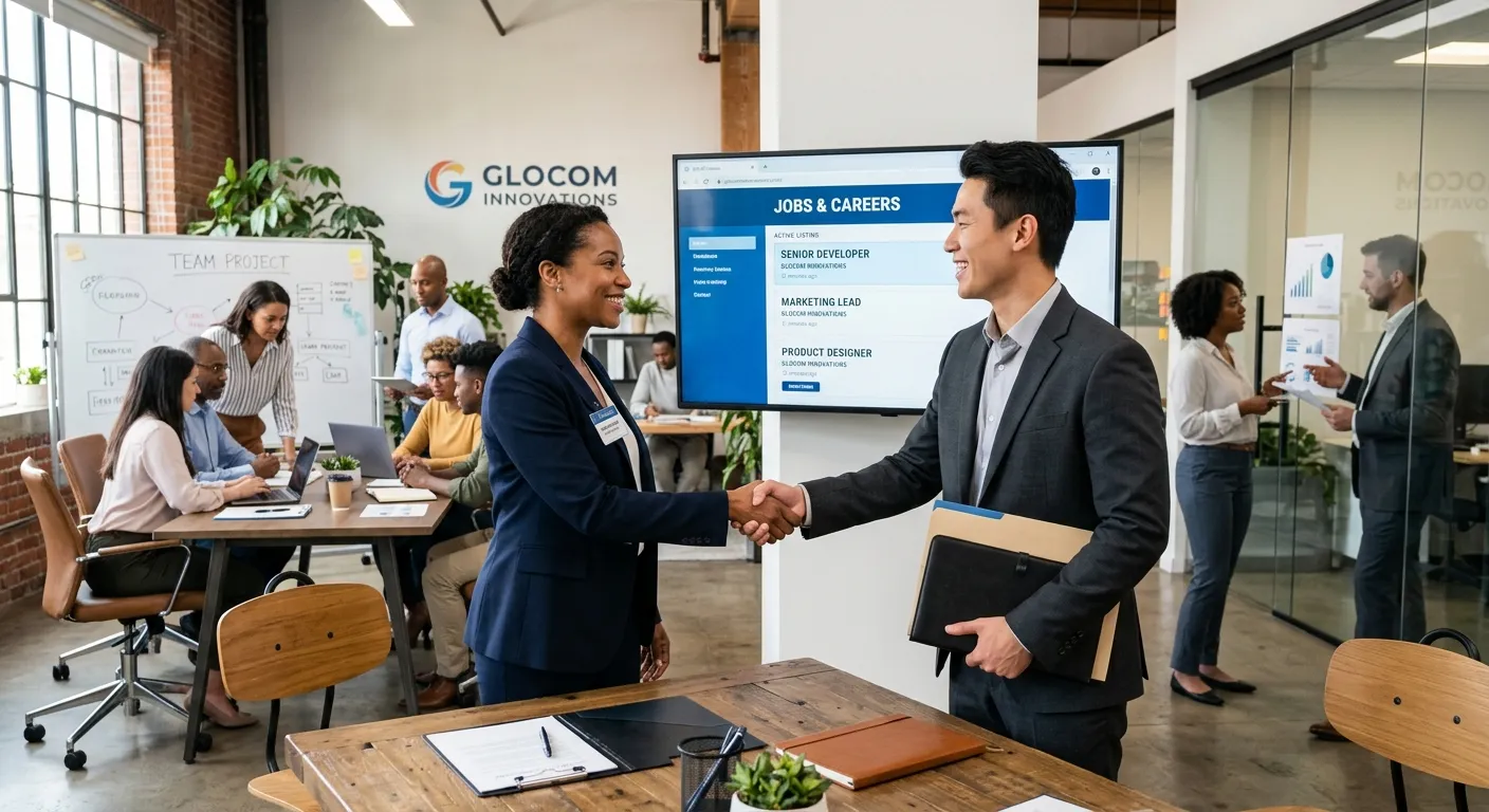 A modern, professional office environment with diverse team members collaborating. A hiring manager shakes hands with a candidate, with a laptop showing job listings in the background. Style: Bright, optimistic, high-resolution corporate photography.