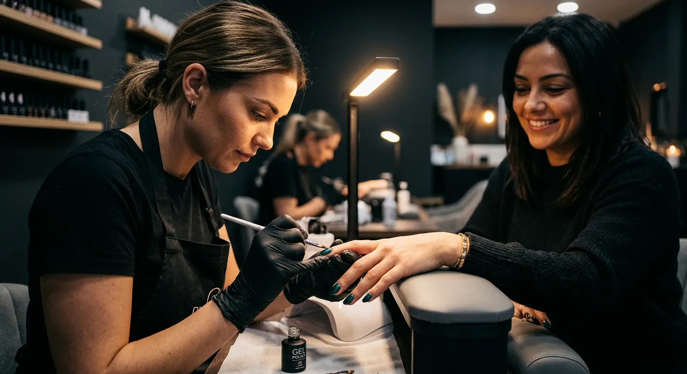 A high-contrast, professional photo of a skilled nail technician performing a meticulous gel nail application on a client in a modern, clean salon. Focus on the technician's steady hands and the client's satisfaction. Moody lighting with a spotlight on the work area.