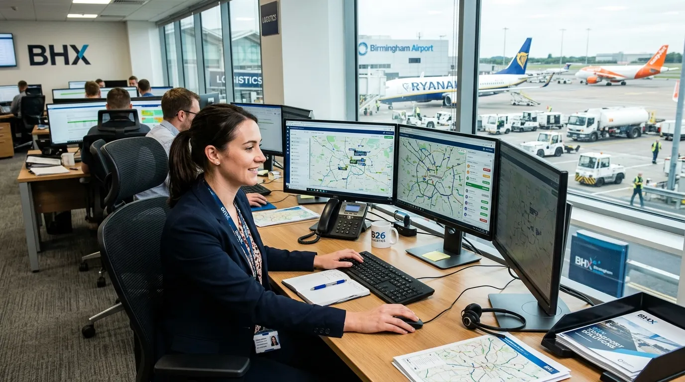 A dynamic, professional hero image showing a Transport Planner at work in a modern Birmingham Airport B26 logistics office. The planner is focused on a computer screen displaying route maps and schedules, with a view of airport vehicles in the background. The mood is efficient, organised, and high-energy.