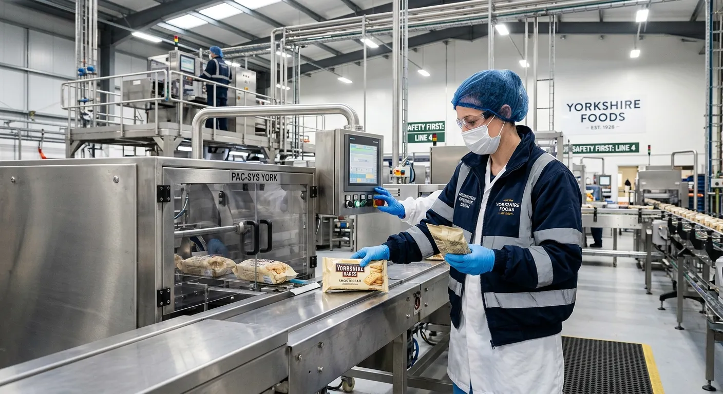 A professional, well-lit photograph of a modern, clean food production facility in York. A Production Operative in high-visibility clothing and hygienic PPE is operating machinery or checking product quality, looking focused and engaged. The mood is efficient, safe, and industrial.