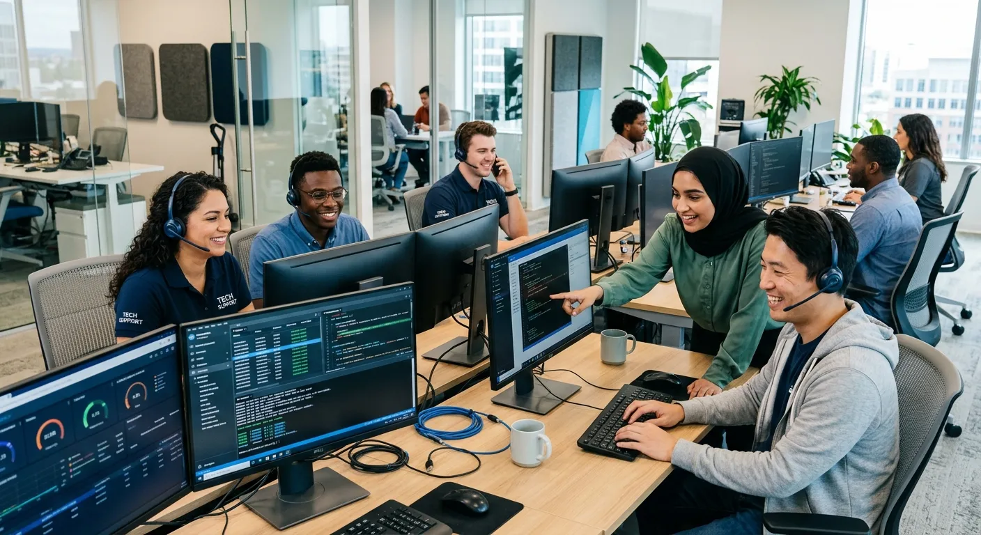 A professional, high-resolution photo of a diverse IT help desk team in a modern office setting. They are collaboratively solving problems on multiple monitors, smiling, in a brightly lit tech environment. Style: professional, vibrant, and inclusive.