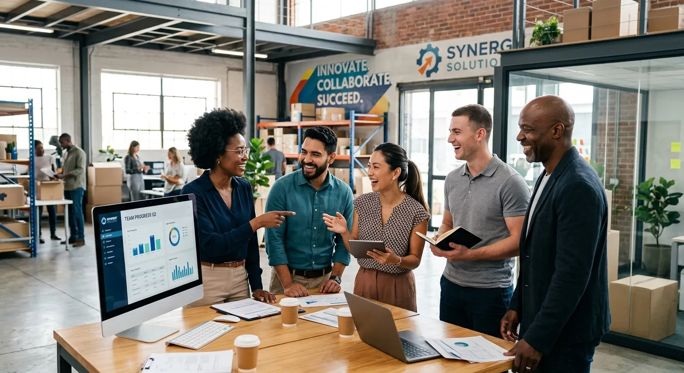 A dynamic, professional photo of a diverse team of employees in a modern office or warehouse setting... A dynamic, professional photo of a diverse team of employees in a modern office or warehouse setting, smiling and collaborating. The style is bright, optimistic, and focused on teamwork and success.