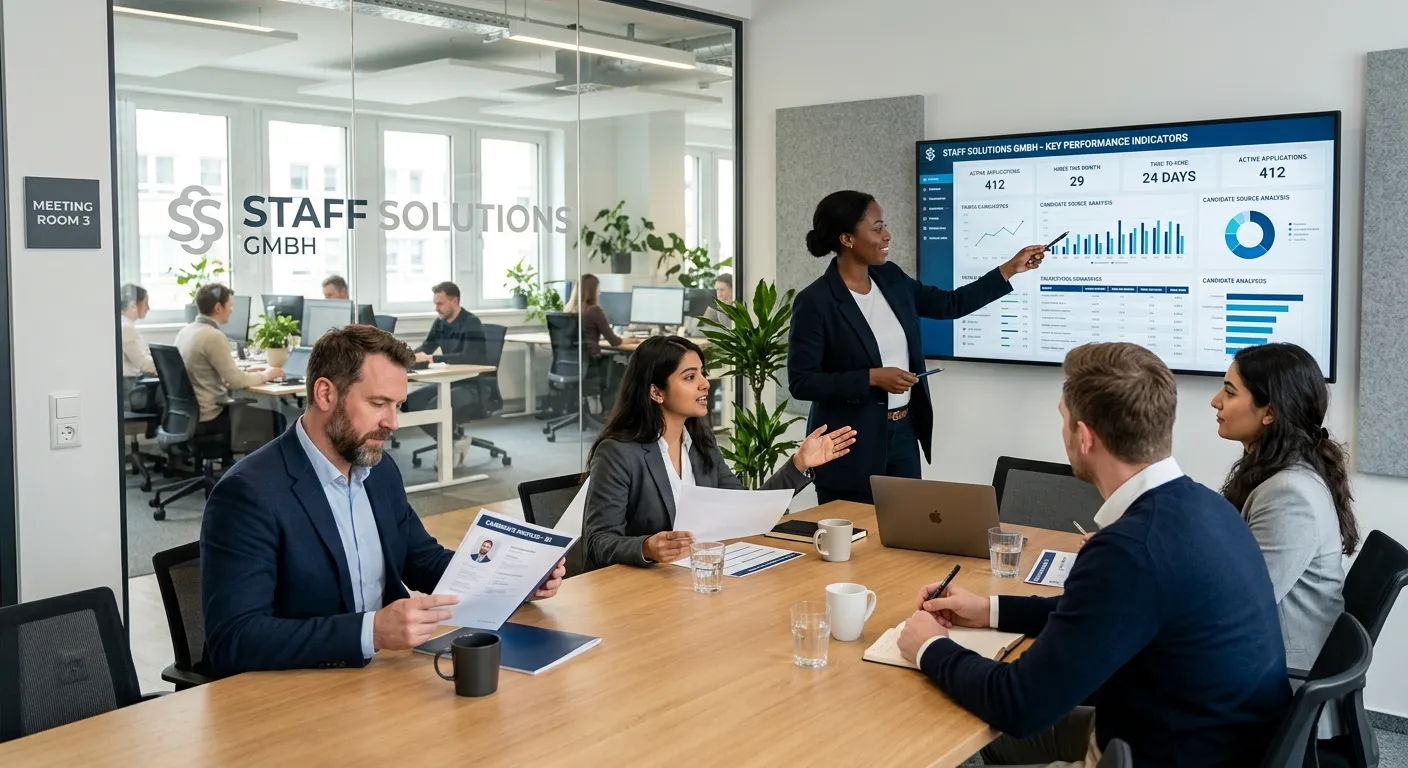 A modern, professional office environment at Staff Solutions Gmbh, featuring a diverse team of recruitment specialists collaborating in a glass-walled meeting room. One points to a data analytics dashboard on a screen, while others discuss candidate profiles. Style is bright, crisp, and conveys expertise, trust, and dynamic partnership.