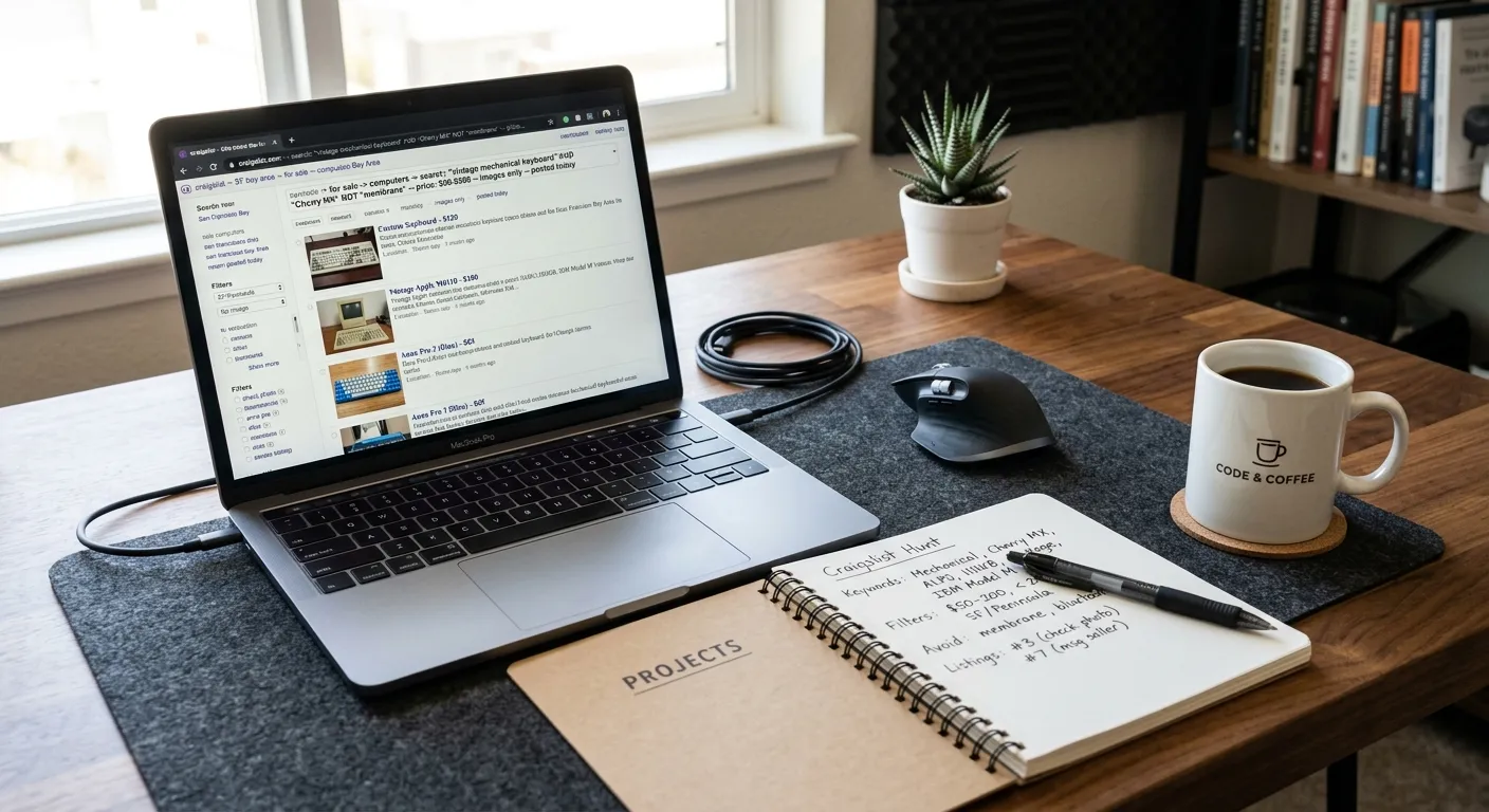 A professional, modern workspace with a laptop screen showing a detailed Craigslist search interface with complex queries, a notepad with keywords, and a cup of coffee. Style: Bright, focused, and productive mood.