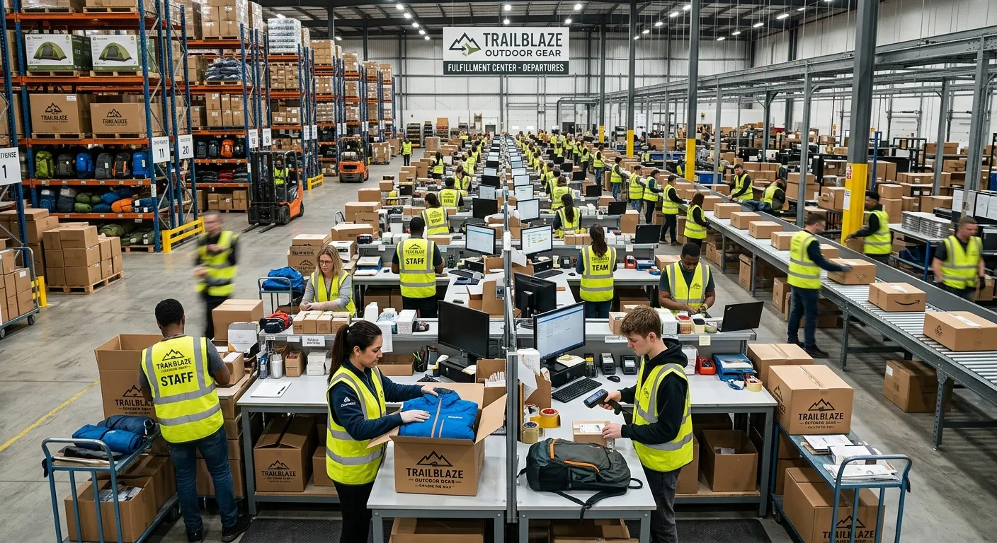 A bustling, organized e-commerce warehouse during peak season, with temporary and permanent staff wo... A bustling, organized e-commerce warehouse during peak season, with temporary and permanent staff working side-by-side at packing stations, with visible branding for a fictional outdoor gear company