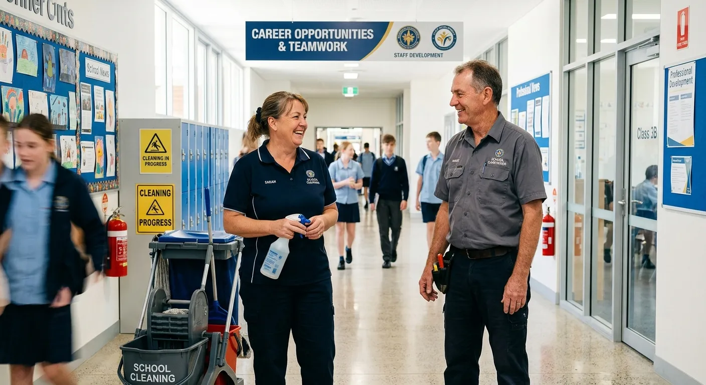 A friendly, professional school cleaner in uniform smiling while speaking with a school caretaker, symbolising teamwork and career progression within a bright school corridor.