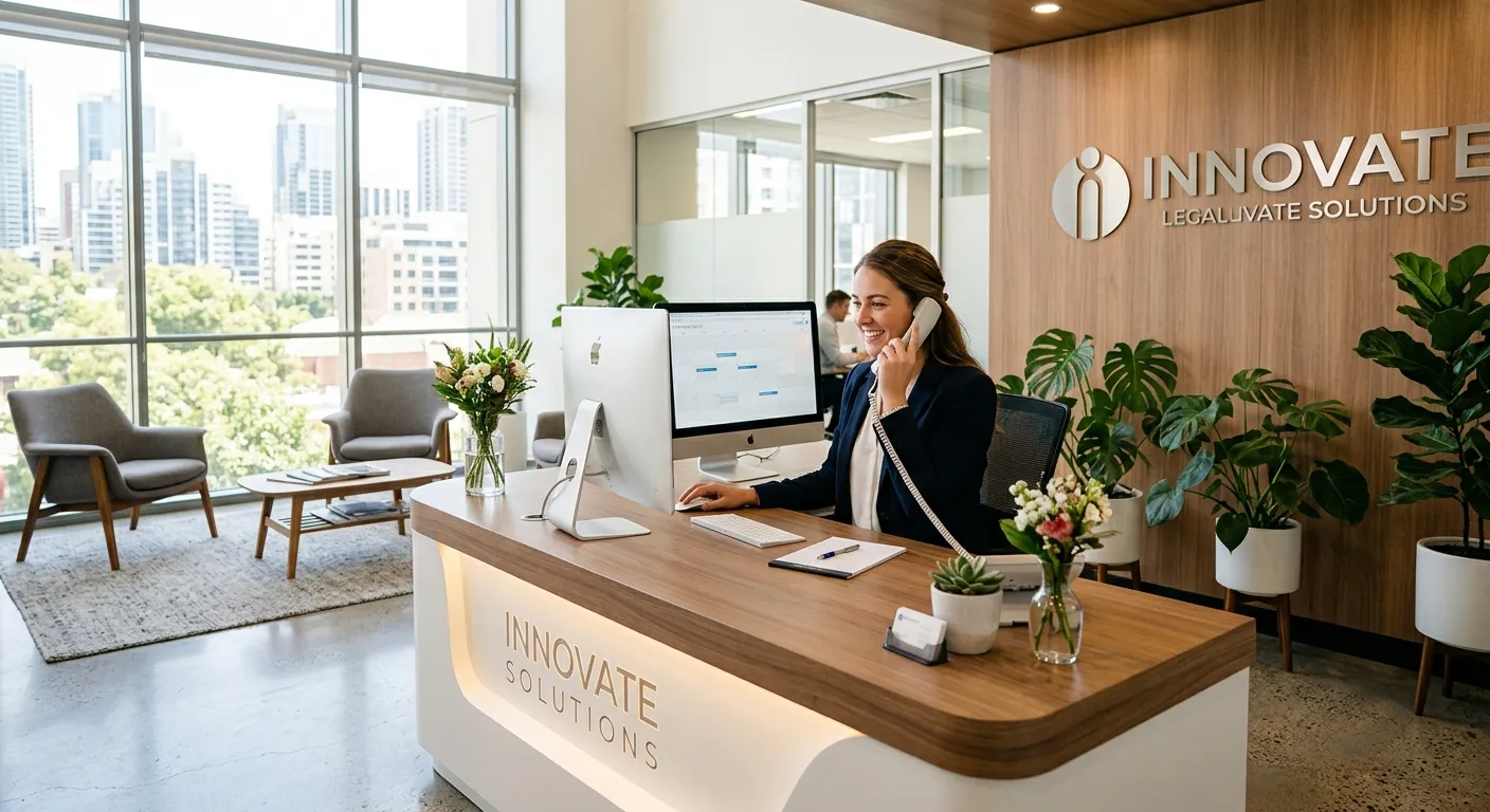 Modern, professional office reception area with a friendly receptionist at a sleek desk, using a computer and phone. Bright, airy office with plants and natural light. Professional, welcoming mood.
