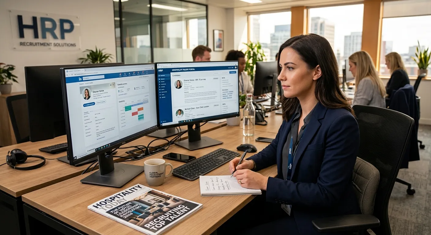 A modern, professional recruitment consultant in an office, reviewing candidate profiles on a dual-monitor setup with a hospitality industry magazine on the desk, conveying expertise and focus.