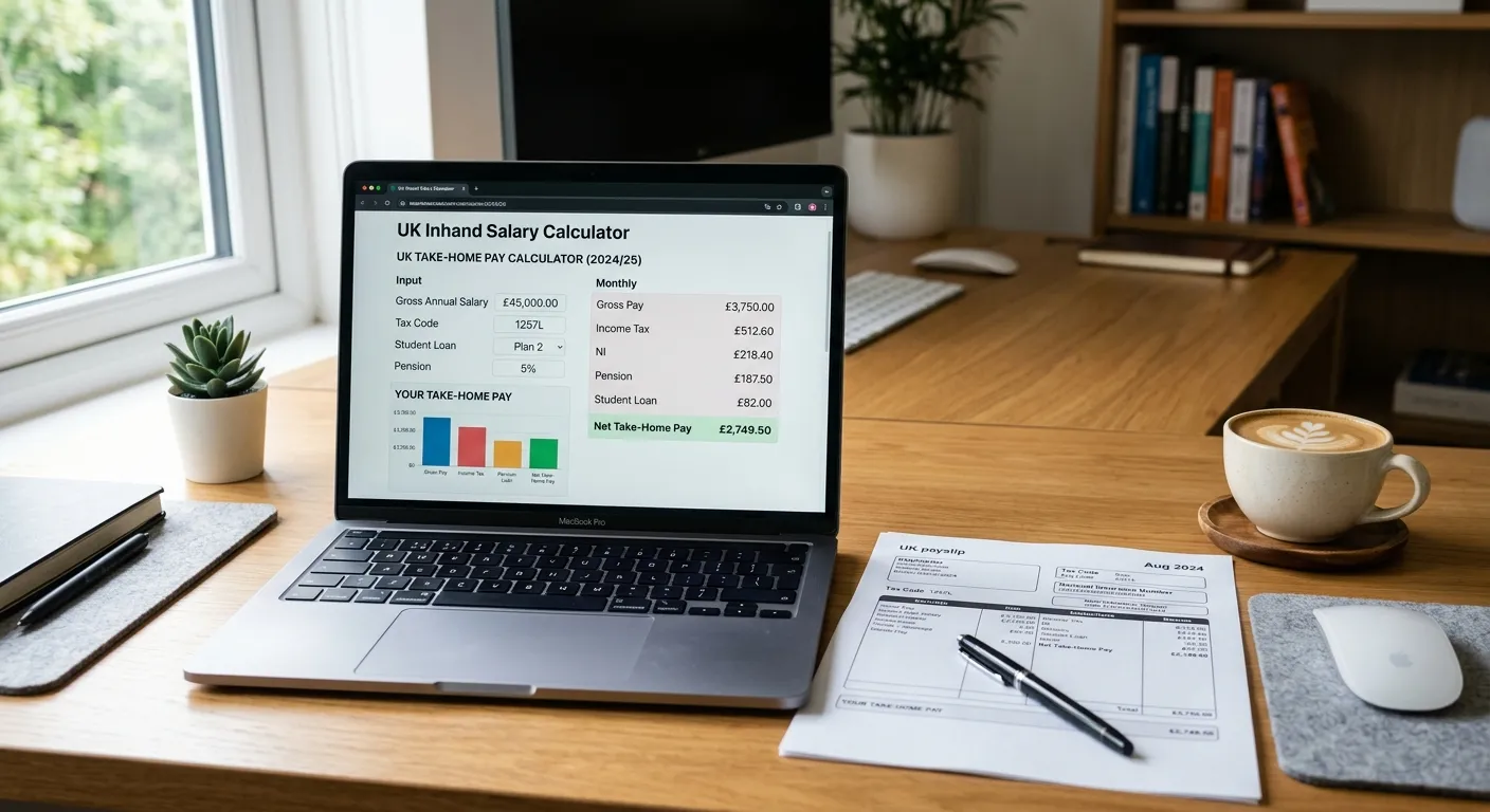 A modern, professional workspace with a laptop open showing a clear, digital UK Inhand Salary Calculator interface next to a neatly organized paper payslip and a coffee cup. Style: Bright, clean, and focused with a shallow depth of field.