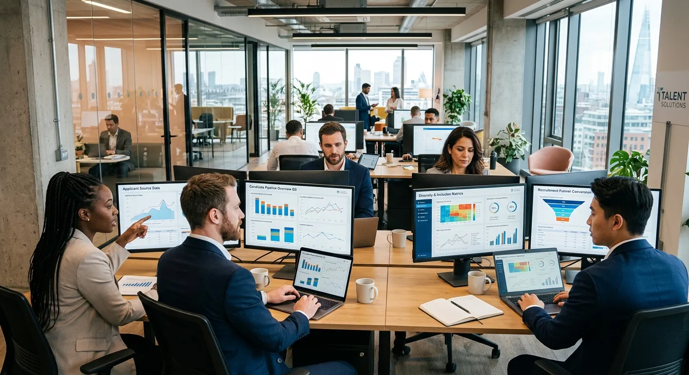 A professional, modern office setting with a diverse team of recruitment consultants analyzing data on multiple monitors, showing charts and graphs. Style: professional business photography, mood: focused, successful, and data-driven.