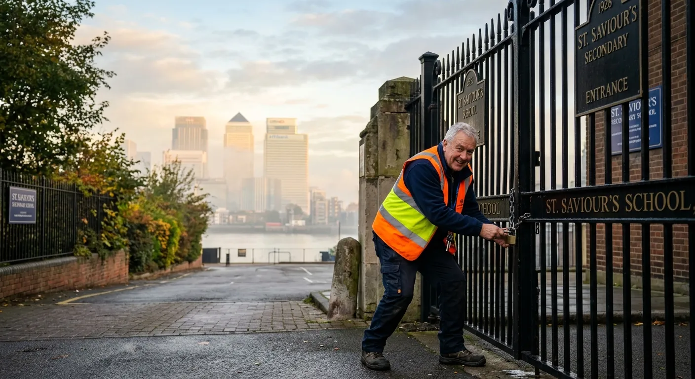A school caretaker in high-visibility vest unlocking a main school gate early in the morning, with the Canary Wharf skyscrapers in the soft-focus background.