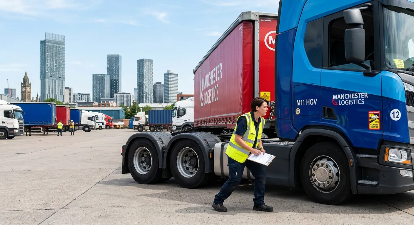 A professional HGV driver in hi-vis vest performing a vehicle check on a modern articulated lorry, with Manchester city centre skyline in the background. Bright, clear day, realistic and trustworthy style.