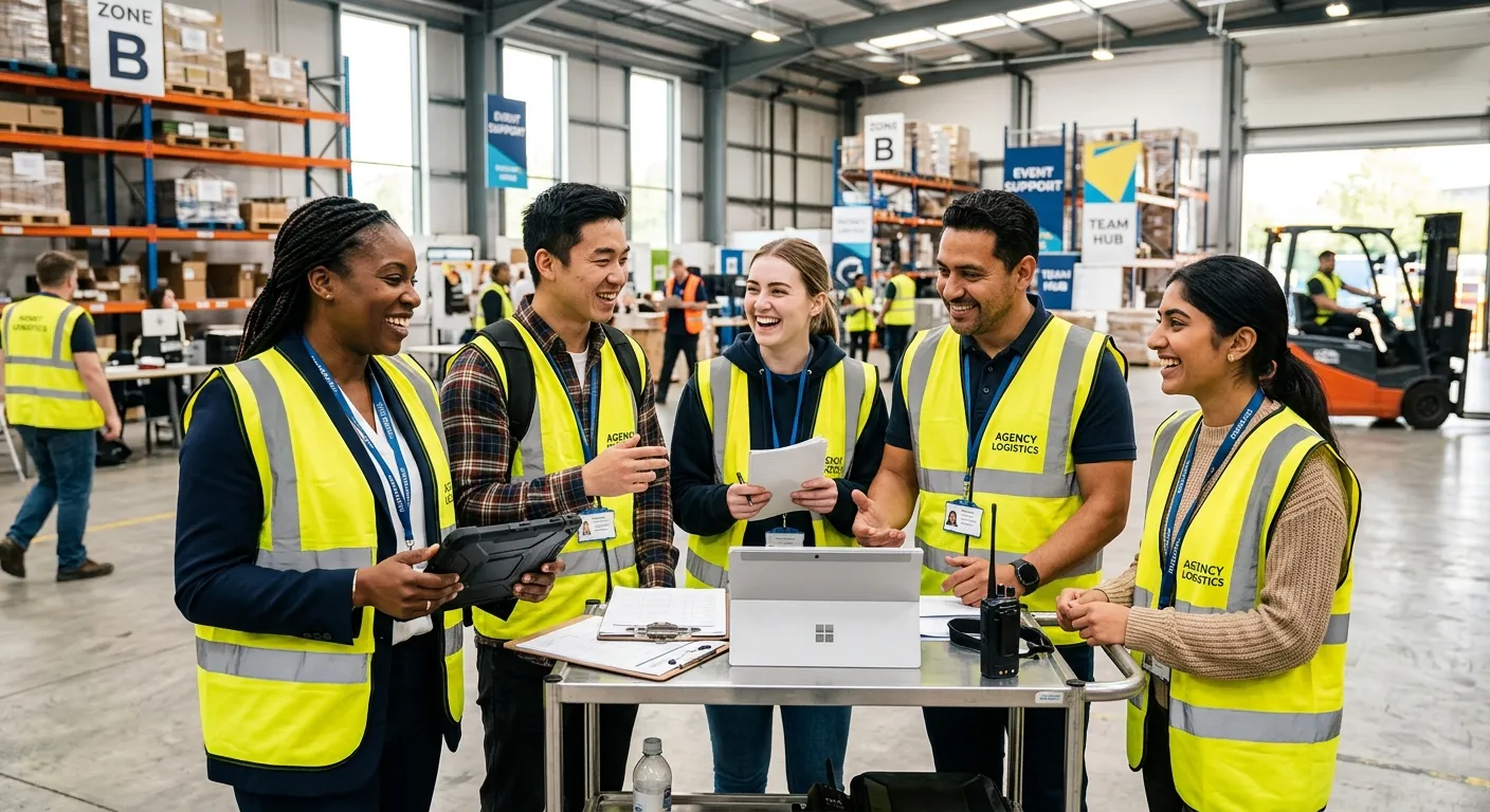 A modern, diverse group of casual agency workers in high-visibility vests and professional attire, smiling and collaborating in a bright, dynamic warehouse or event space. Style: Professional, authentic, high-energy. Mood: Empowering and flexible.