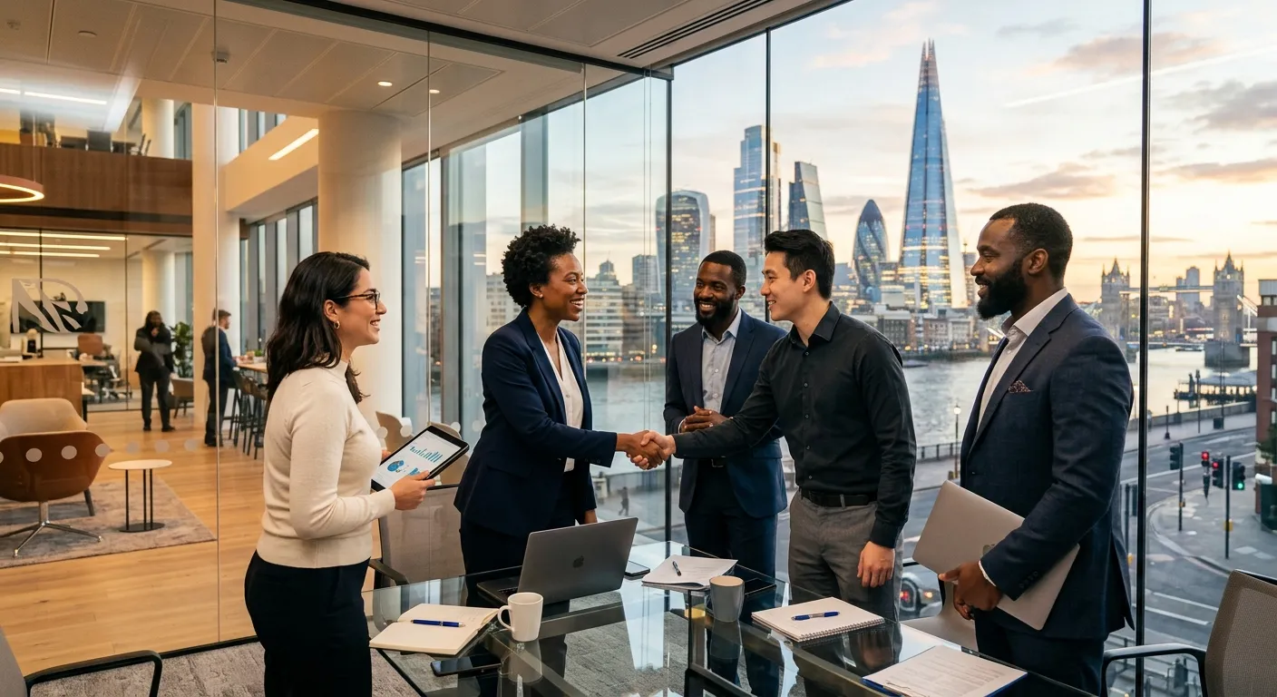 A dynamic, professional photo of diverse professionals in a modern London office setting, shaking hands and collaborating. The London skyline (e.g., The Shard) is visible through a window. Style: Bright, optimistic, and professional.