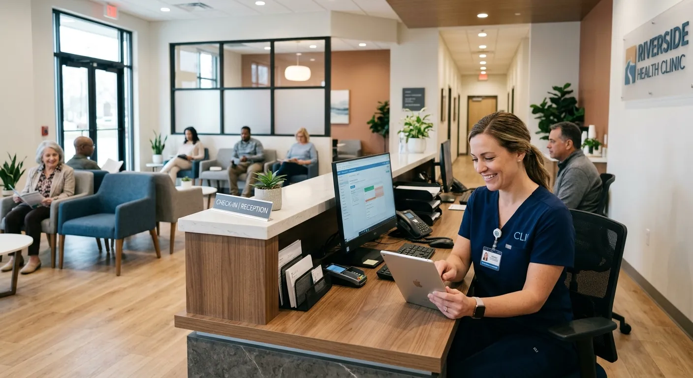 A professional, high-resolution image of a modern medical clinic reception area. A friendly Medical Assistant in scrubs is at the front desk, assisting a patient with check-in on a digital tablet. The atmosphere is calm, clean, and efficient, with soft natural light.