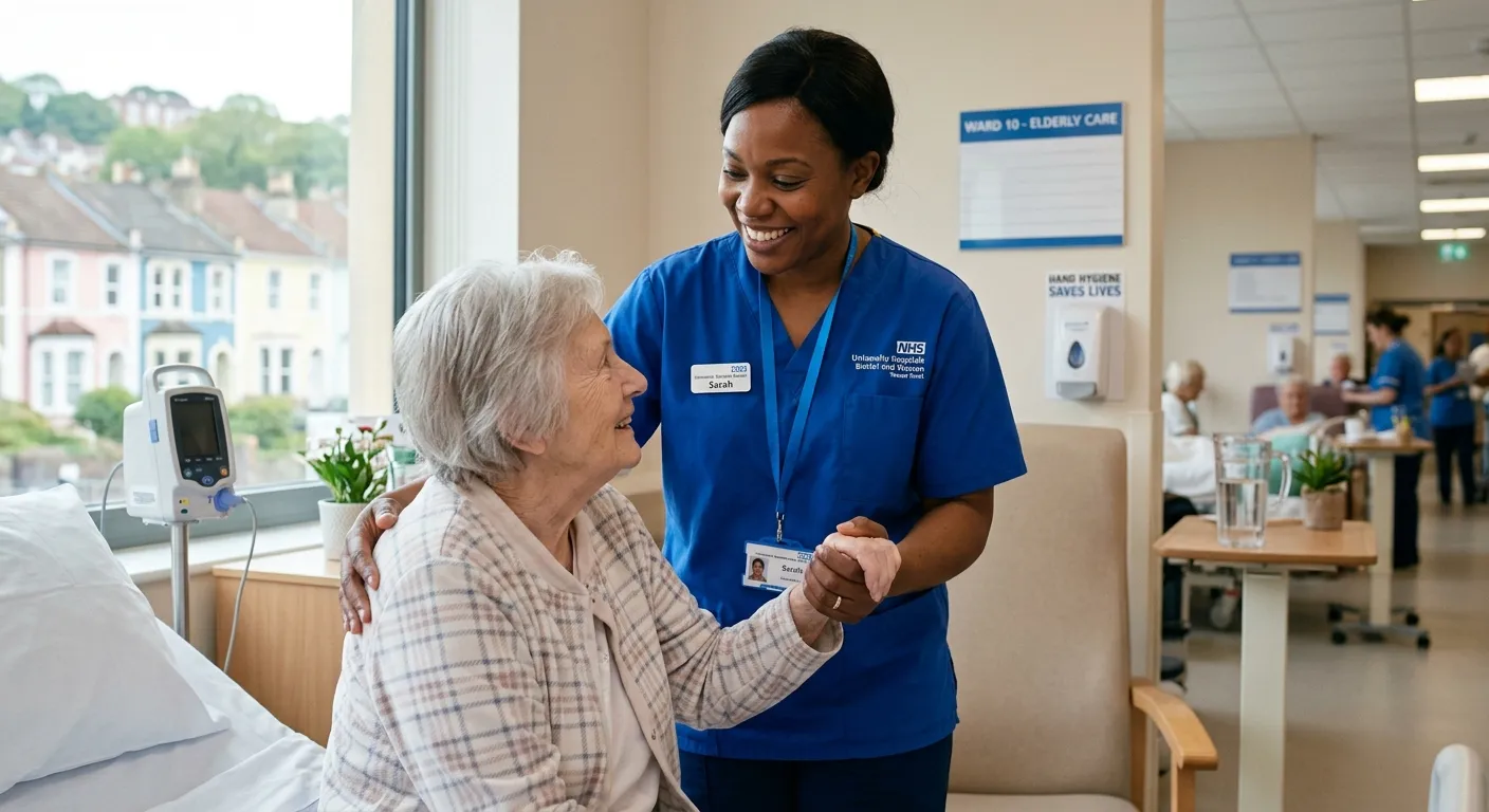 A professional, friendly Nursing Assistant in a healthcare setting in Bristol, smiling and assisting a patient, conveying compassion and competence. Bright, clean, and welcoming mood.
