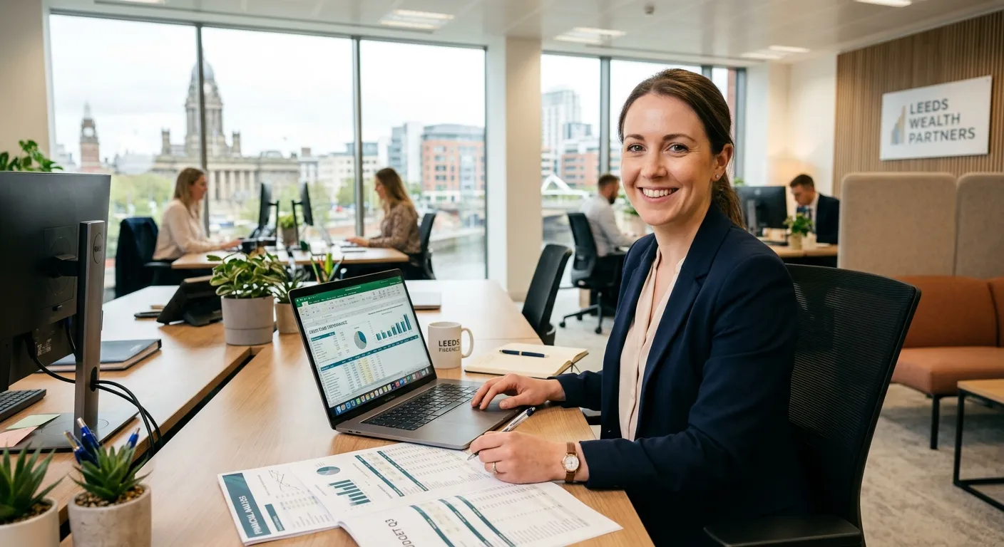 A professional, welcoming image of a modern office in Leeds, focusing on a finance professional work... A professional, welcoming image of a modern office in Leeds, focusing on a finance professional working on a laptop and spreadsheets, with a friendly smile. The style should be bright, airy, and professional, conveying trust and efficiency.