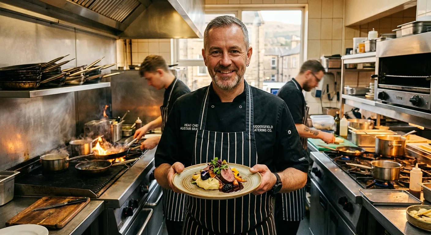 A professional, vibrant image of a Head Chef in a busy commercial kitchen in Huddersfield, presenting a beautifully plated dish. The style should be warm, authentic, and highlight the energy of a professional catering environment.