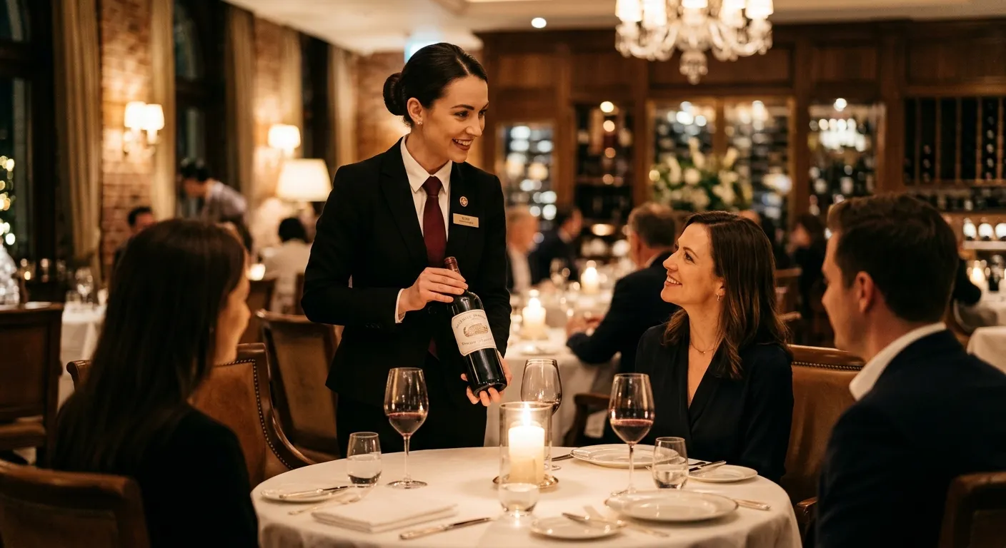 A professional sommelier in a fine dining restaurant, elegantly presenting a bottle of red wine to guests at a candlelit table. Style: Warm, sophisticated, and high-end. Mood: Authoritative and luxurious.