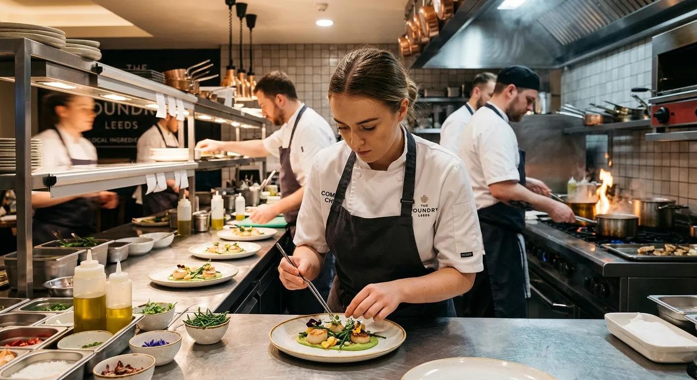 A dynamic, professional kitchen scene in a Leeds restaurant or event venue. A young Commis Chef in c... A dynamic, professional kitchen scene in a Leeds restaurant or event venue. A young Commis Chef in crisp whites is carefully plating a dish, with other kitchen staff in the background. The mood is energetic, focused, and professional, highlighting a modern catering environment.