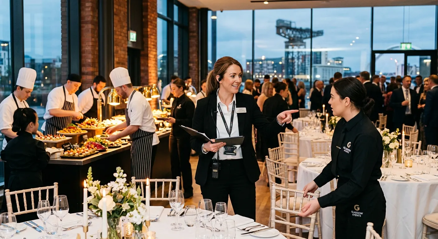 A dynamic, professional image of a Catering Manager in a modern Glasgow event space, confidently directing a team of chefs and servers amidst elegant table settings and vibrant food displays. Style: crisp, high-resolution photography with warm, inviting lighting. Mood: authoritative, bustling, and successful.