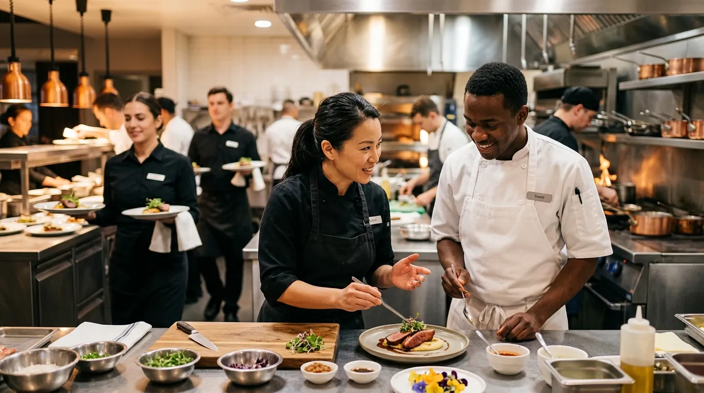 A dynamic, professional hero image of a diverse foodservice team in a high-end kitchen or catering e... A dynamic, professional hero image of a diverse foodservice team in a high-end kitchen or catering event. A head chef is discussing a plating technique with a pastry cook, while servers move in the background. Warm, inviting lighting, professional attire, mood of collaboration and excellence.