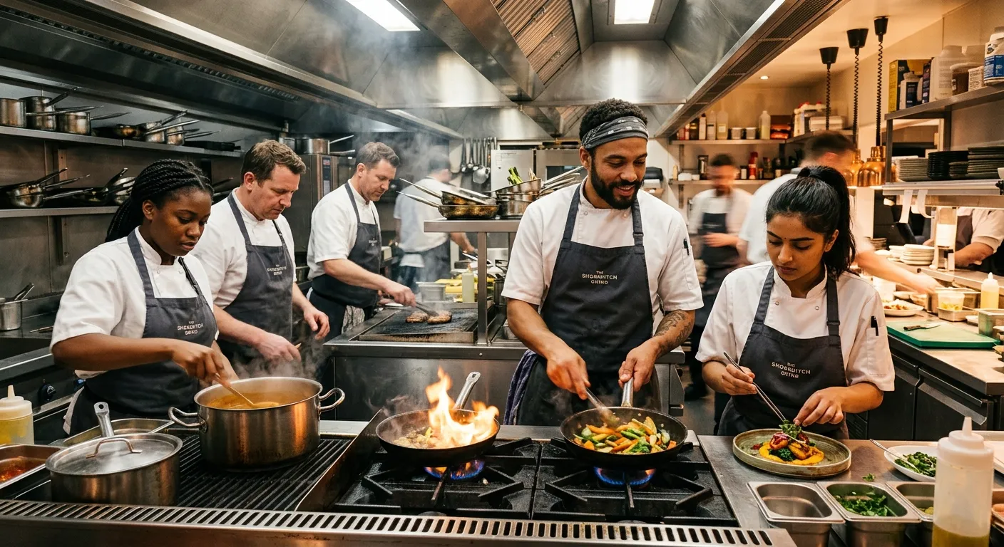 A professional, high-energy photograph of a diverse team of chefs working collaboratively in a modern, stainless steel commercial kitchen in East London. The mood is fast-paced, professional, and focused, with warm lighting highlighting skill and teamwork.