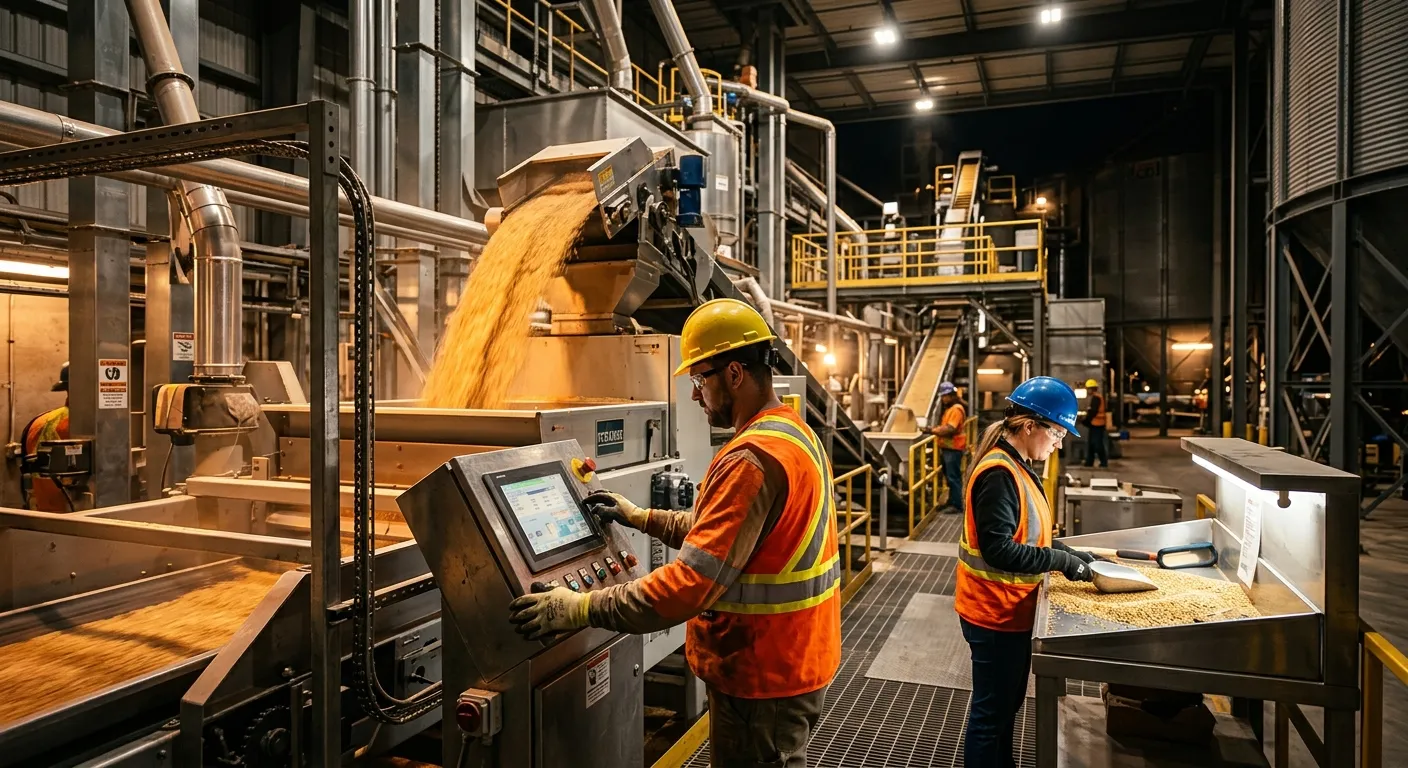 A high-contrast, professional shot of a modern grain production facility. Workers in high-visibility... A high-contrast, professional shot of a modern grain production facility. Workers in high-visibility clothing are operating machinery and checking grain quality. The mood is industrious, efficient, and high-tech, with warm lighting highlighting the golden grains.