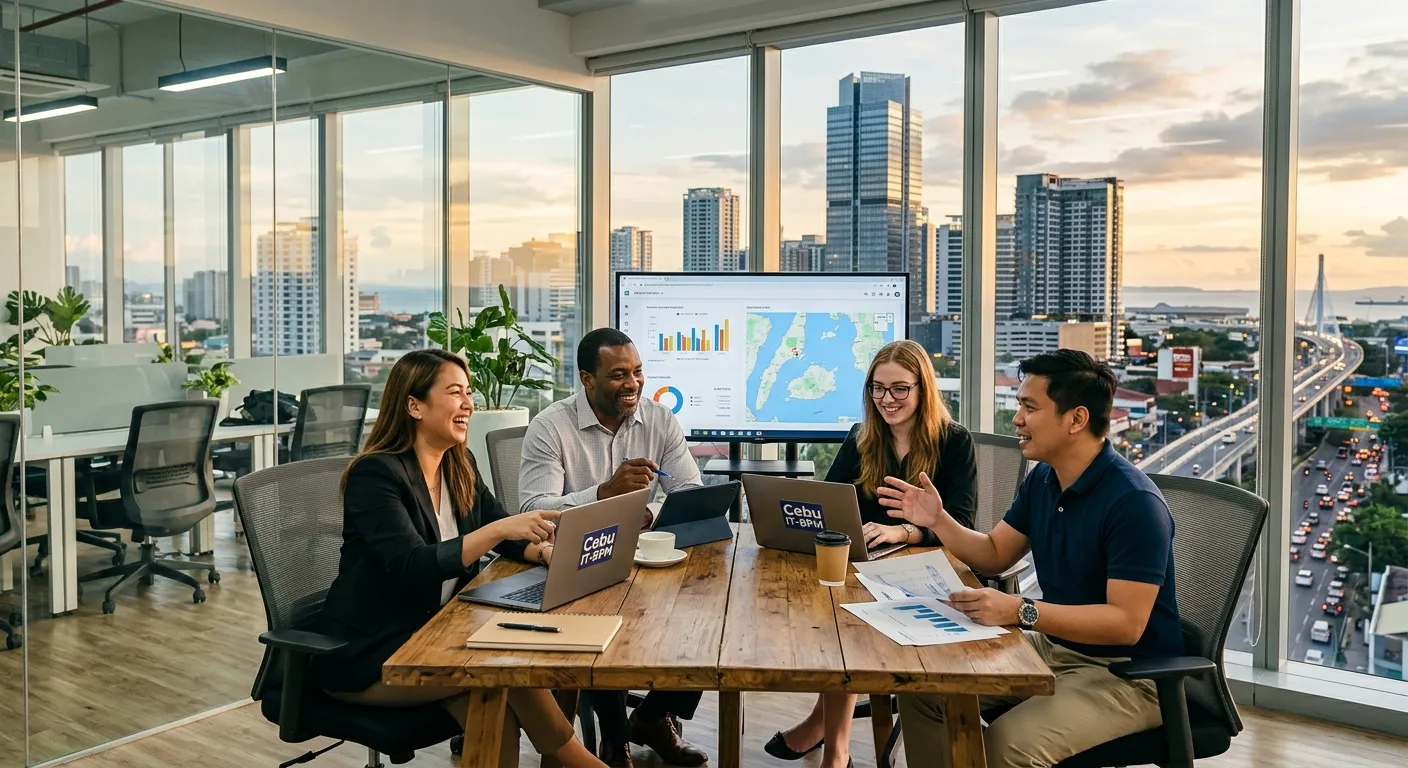 A dynamic, professional photo of Cebu's modern skyline blending with a diverse group of professional... A dynamic, professional photo of Cebu's modern skyline blending with a diverse group of professionals working collaboratively in a bright office or hospitality setting. Style: Vibrant, aspirational, and professional.