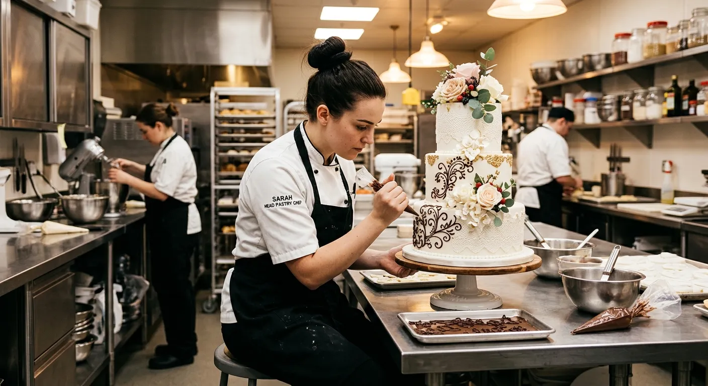 A professional, high-energy kitchen scene. A skilled pastry cook in a crisp white uniform meticulously pipes intricate chocolate designs onto a multi-tiered wedding cake. The mood is focused, artistic, and high-quality, with warm lighting highlighting the detail of the pastry work.
