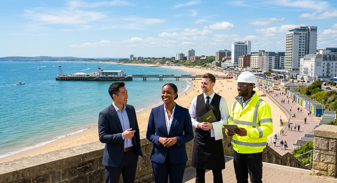 A modern, professional photo of Bournemouth's skyline and beachfront, with a diverse group of professionals (office, hospitality, construction) superimposed in the foreground, looking confident and engaged. Style: Bright, optimistic, professional. Mood: Energetic, trustworthy, forward-thinking.