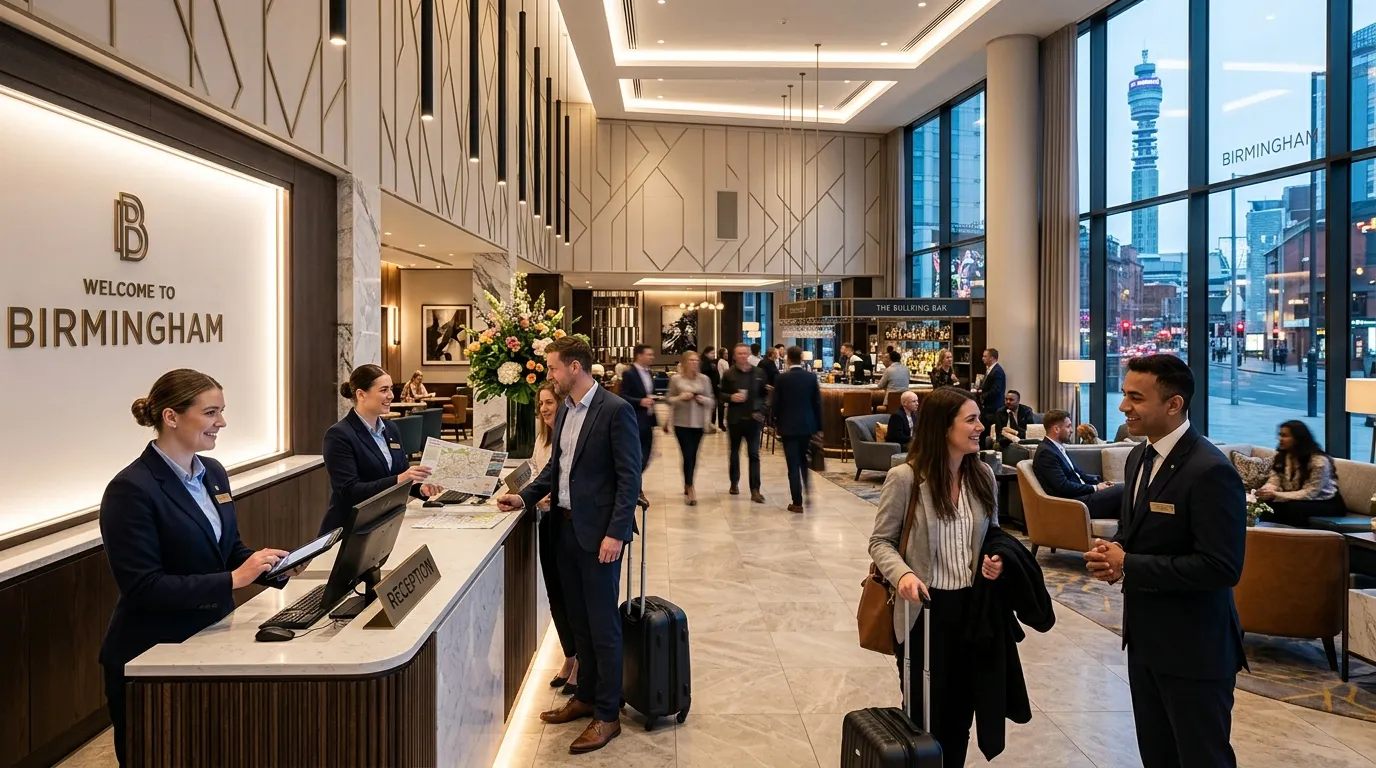 A vibrant, professional hero image showing a busy, high-end hotel lobby in Birmingham, with staff in crisp uniforms interacting with guests. The mood is dynamic, welcoming, and professional, showcasing the energy of the city's hospitality sector.