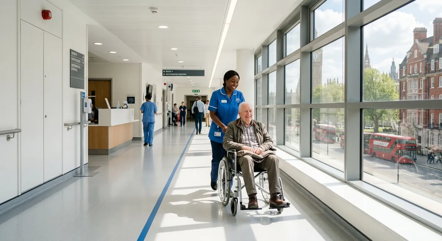 A modern, bright, and clean hospital corridor in a Westminster healthcare facility, with a friendly Healthcare Assistant pushing a patient in a wheelchair, sunlight streaming through windows.