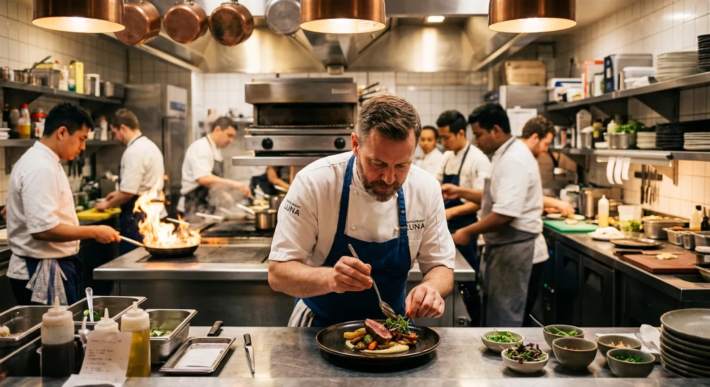A dynamic, professional kitchen scene during a busy dinner service. A head chef in whites is plating a dish with focus, while other cooks work efficiently in the background. Warm, inviting lighting highlights the action and precision.
