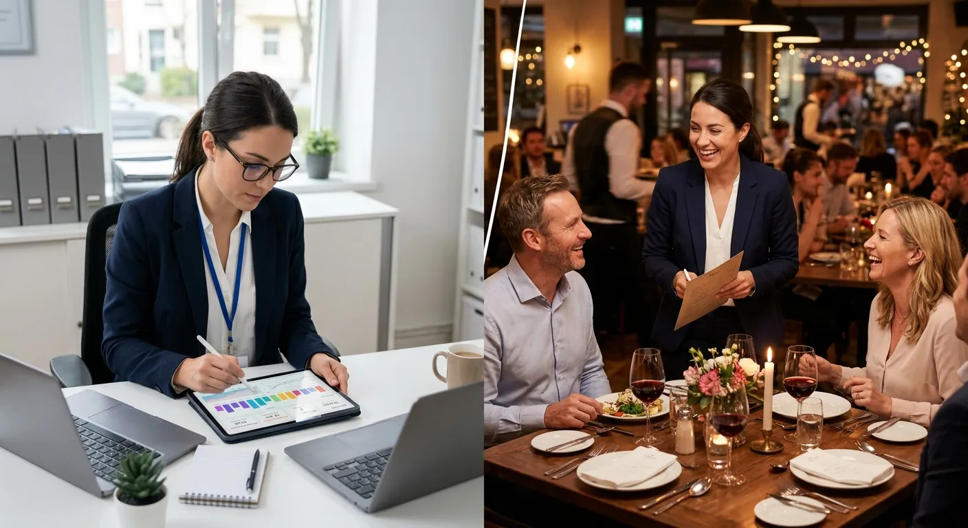 A dynamic, split-screen image showing a Restaurant Manager in action: on the left, they are reviewing a tablet with sales data in a quiet office; on the right, they are smiling and chatting with guests at a beautifully set table in a bustling restaurant.