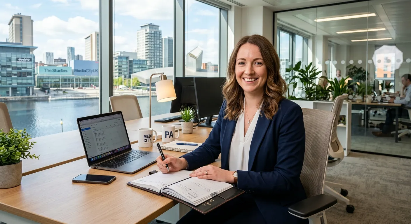 Professional, approachable female Personal Assistant working at a modern desk in a Salford Quays office, organising a diary and smiling at the camera. Bright, natural lighting from large windows overlooking the Manchester skyline. Mood: Efficient, professional, and welcoming.