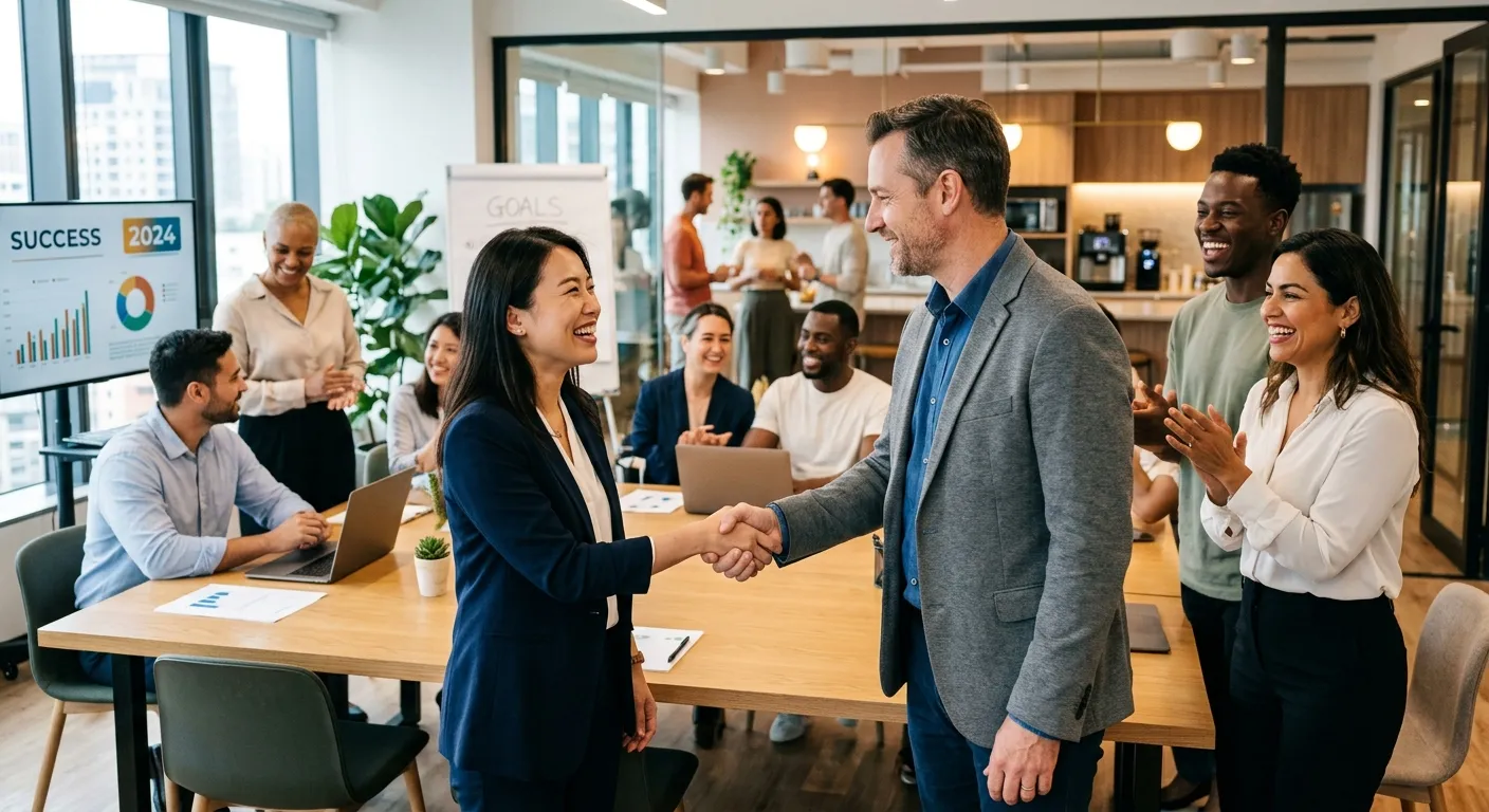 A professional, high-energy photo of a diverse team in a modern office or kitchen collaborating, wit... A professional, high-energy photo of a diverse team in a modern office or kitchen collaborating, with one person shaking hands with a manager. Focus on connection and success. Style: Corporate, vibrant, realistic. Mood: Empowering, trustworthy, and efficient.
