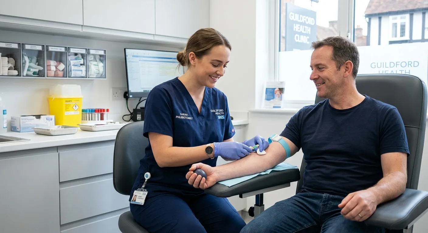 A professional, friendly Phlebotomist in a modern clinic setting in Guildford, performing a venepuncture procedure on a patient. The image should convey competence, care, and a clean, clinical environment. Style: Bright, realistic, and reassuring.