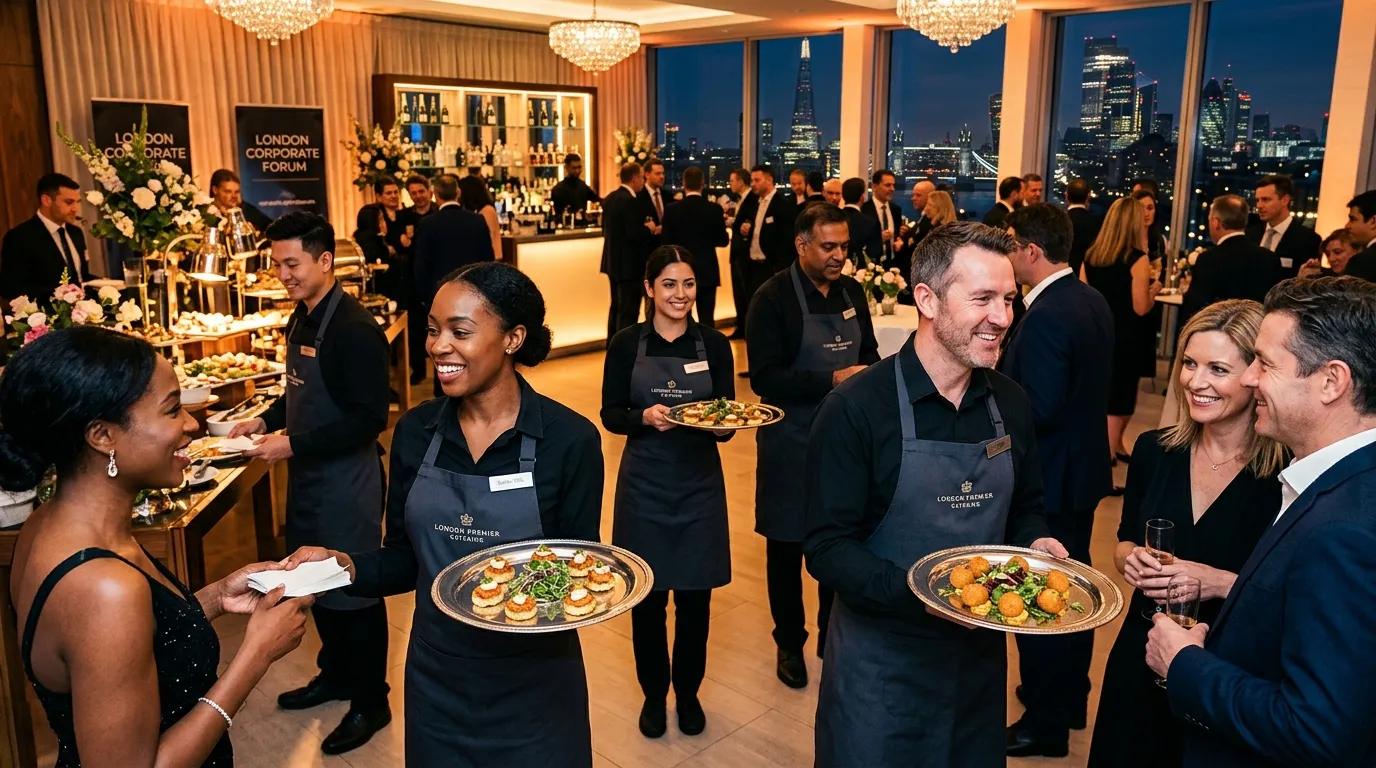 Hero image of a diverse, professional catering team in action at a high-end corporate event in London. They are elegantly dressed, smiling, and presenting plated food. Style: professional, vibrant, high-contrast. Mood: energetic, successful, and sophisticated.