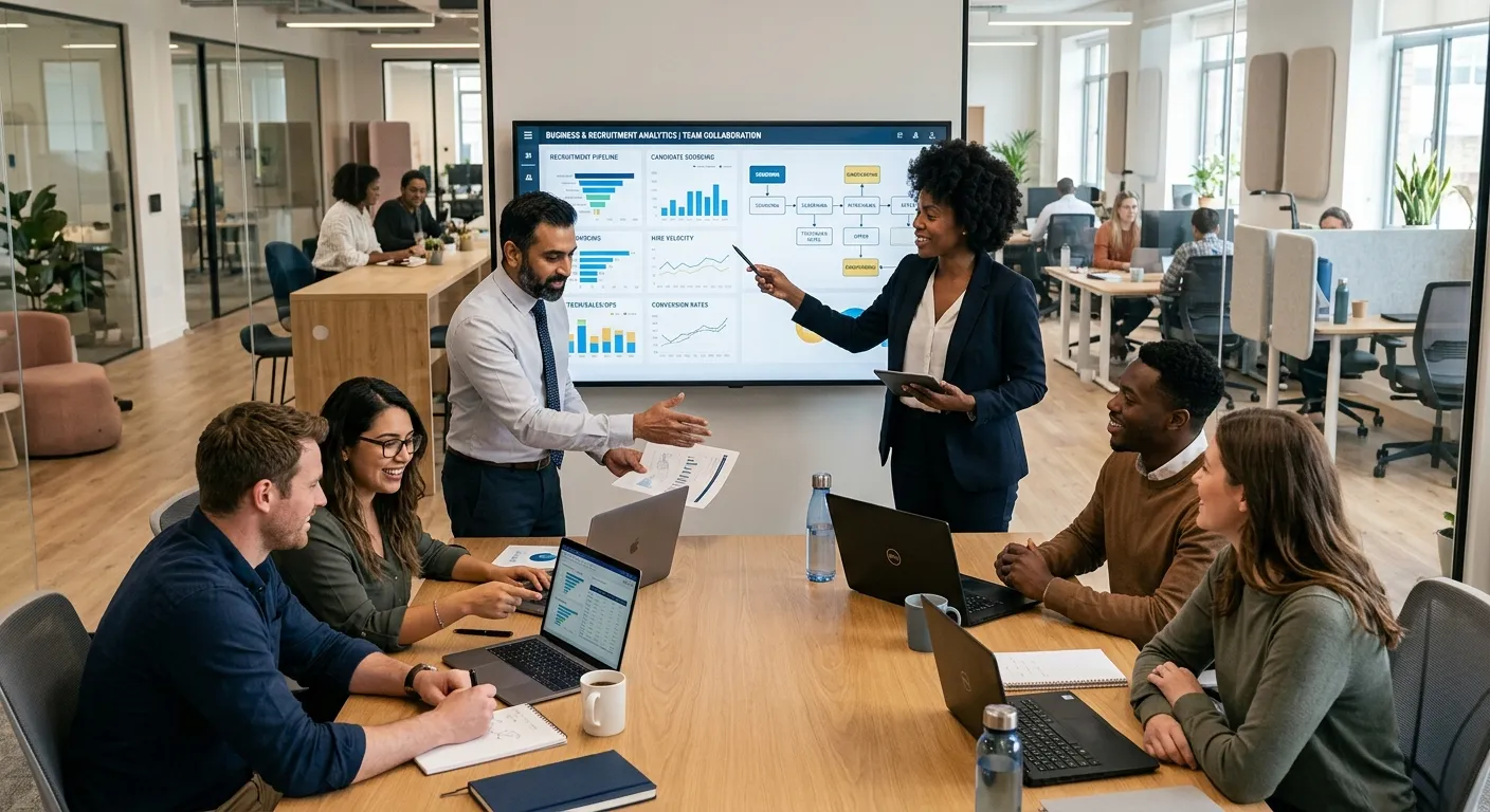 A professional, modern office environment with a diverse team of Business Analysts and recruiters collaborating over data dashboards and flowcharts on a large screen. Style: Professional, bright, collaborative mood.