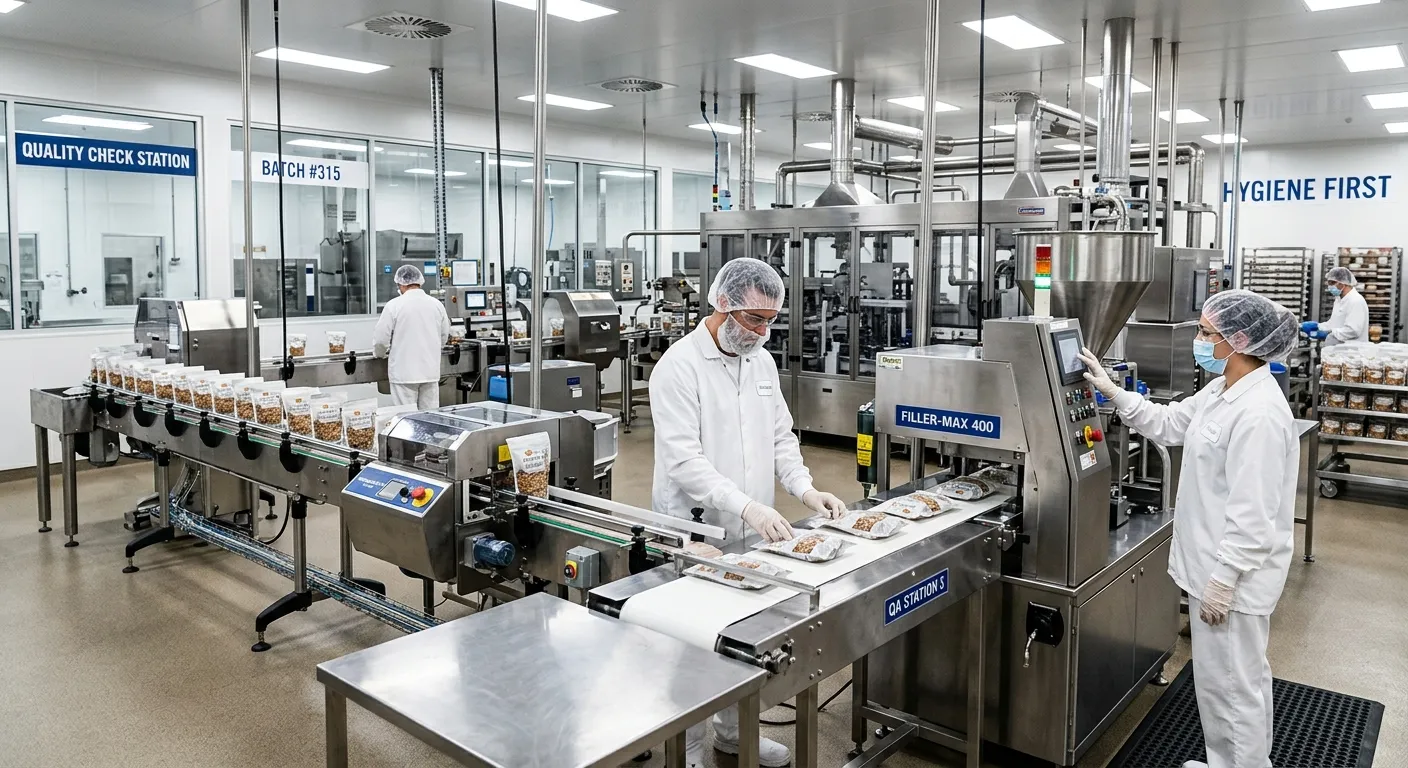 A high-contrast, professional photo of a modern, hygienic food manufacturing facility. Workers in clean white uniforms and hairnets are operating machinery and conducting quality checks on a production line. The mood is efficient, safe, and high-tech.