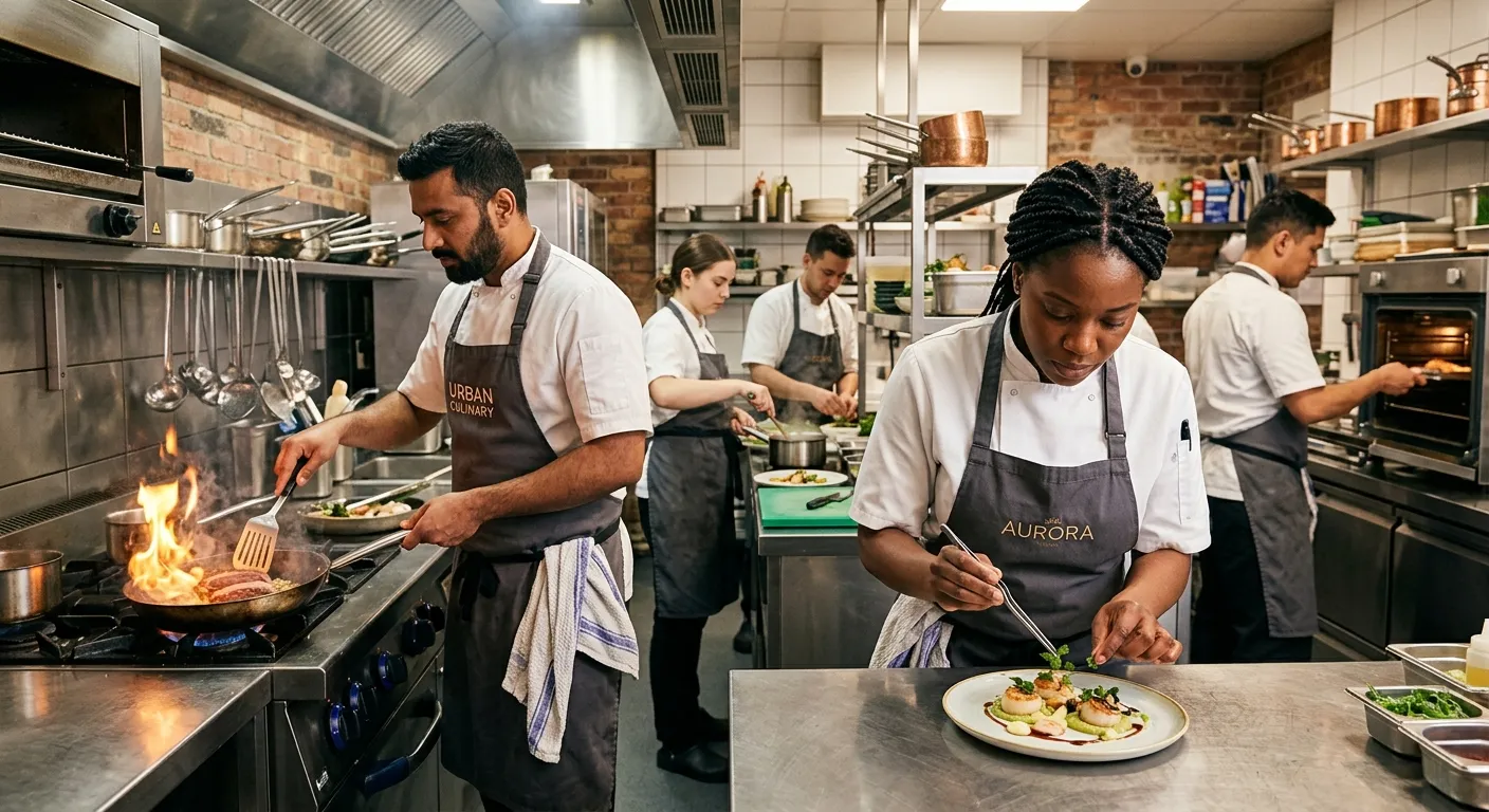 A dynamic, high-energy hero image of a diverse team of chefs in a modern, stainless-steel kitchen. One chef is artfully plating a dish, another is checking a sizzling pan, conveying skill, collaboration, and urgency. Style: professional photography with warm, inviting lighting.